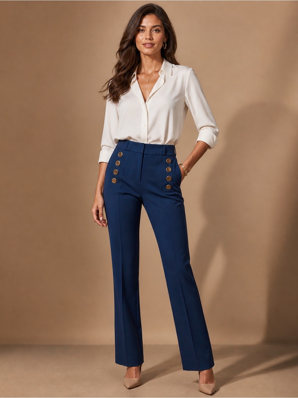 Derek Lam Navy High-Rise Sailor Trousers with Gold Buttons